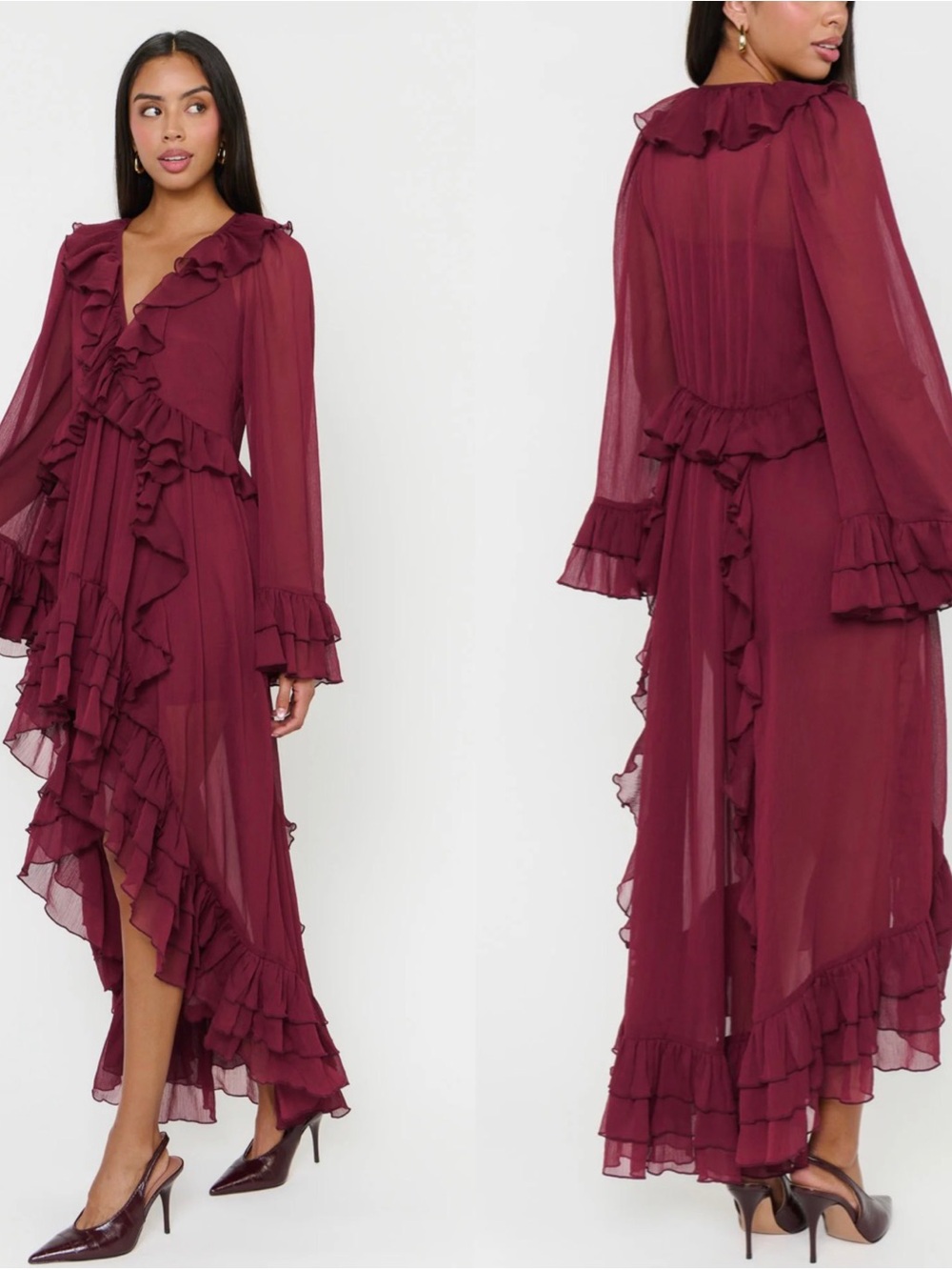 Show me your MUMU Shiloh Maxi Dress Women's Burgundy Ruffle Maxi Dress